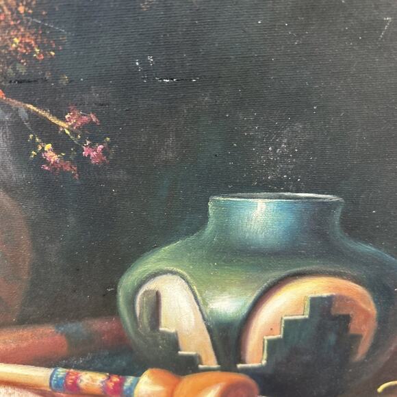 Vtg Southwestern Still Life Painting K. Hoskin Native American Pottery Blanket - Picture 11 of 11